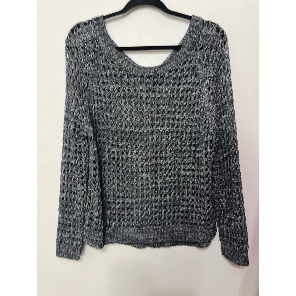 Grunge Open Knit‎ Mesh Zipper Accent Sheer Dark Boho Chic Crochet Sweater L